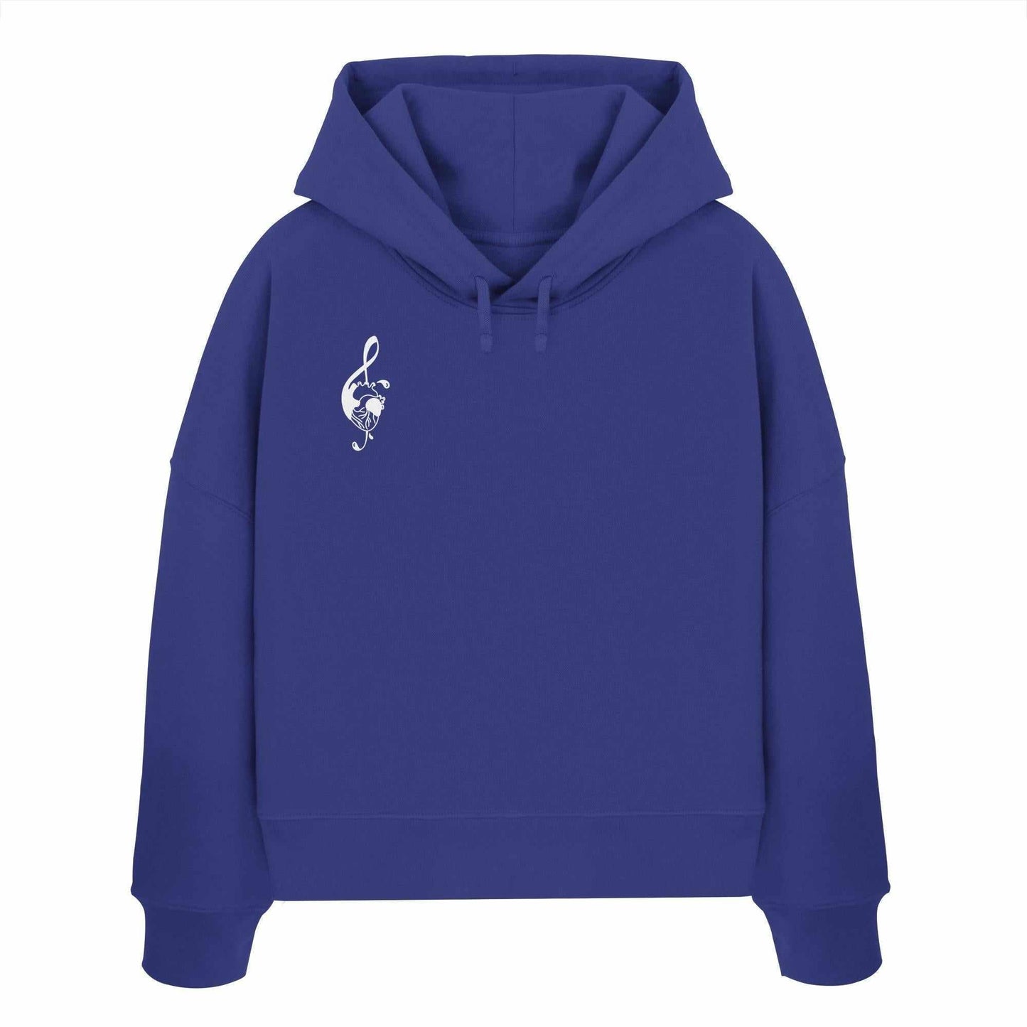 Vegan und Bio Crop Hoodie: Music Heart, blauer Hoodie mit weißem Herz-Logo und Schwert, aus 100% Bio-Baumwolle, reguläre Passform, doppellagige Kapuze.