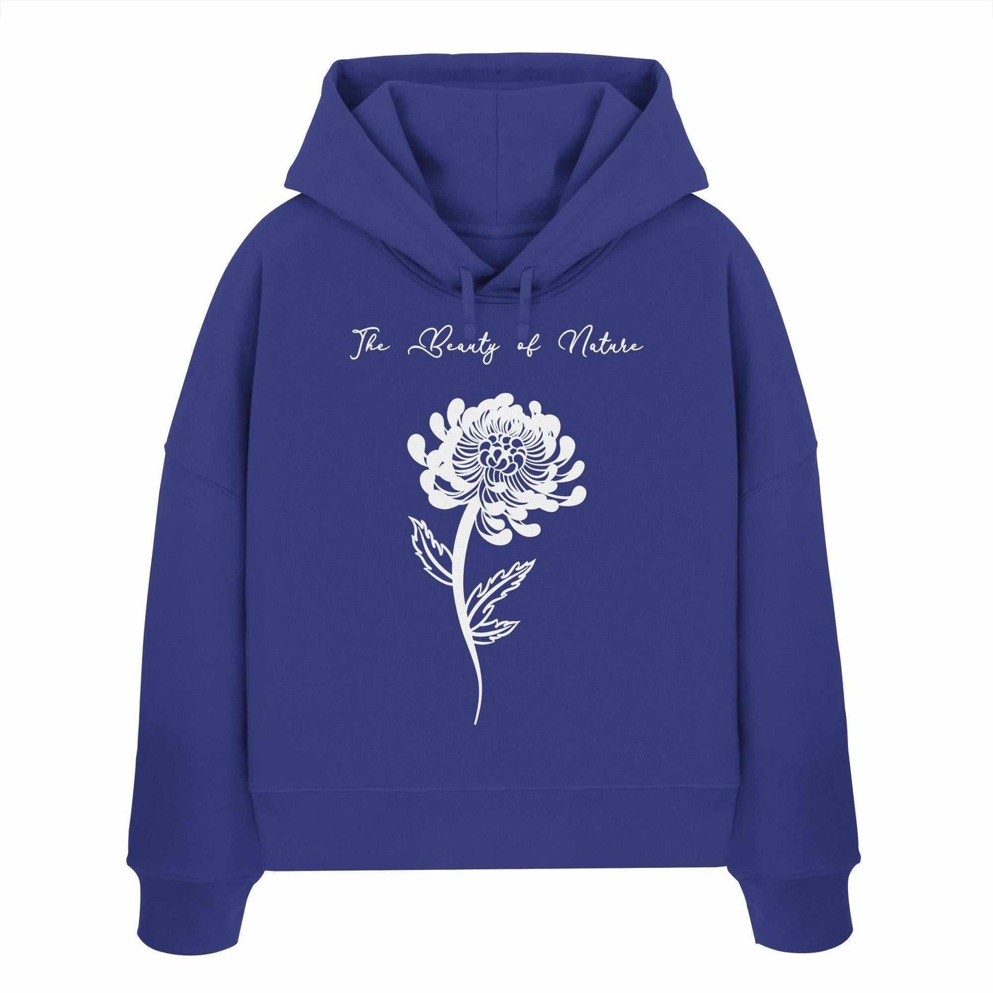 Vegan und Bio Crop Hoodie: Chrysantheme – Blaue Kapuzenjacke mit weißem Blumenmotiv, aus 100% Bio-Baumwolle, symbolisiert Naturschutz von RUDE REBEL.