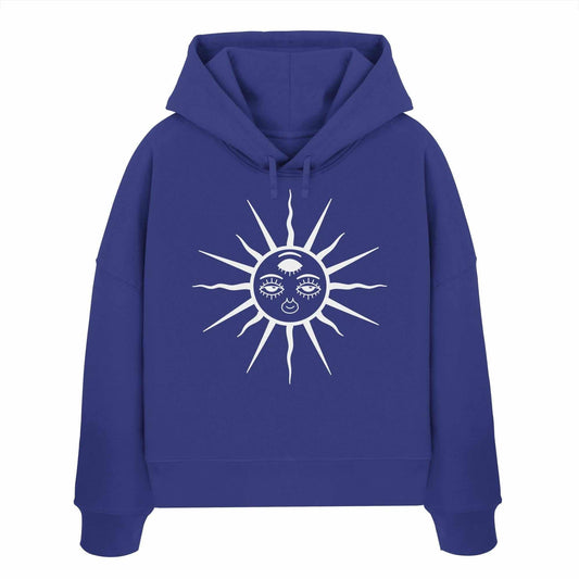 Vegan und Bio Crop Hoodie: The Sun - Third Eye Awakening mit Ethno-Sonne-Design, ideal für Goa Rave; aus 100% Bio-Baumwolle, normale Passform.