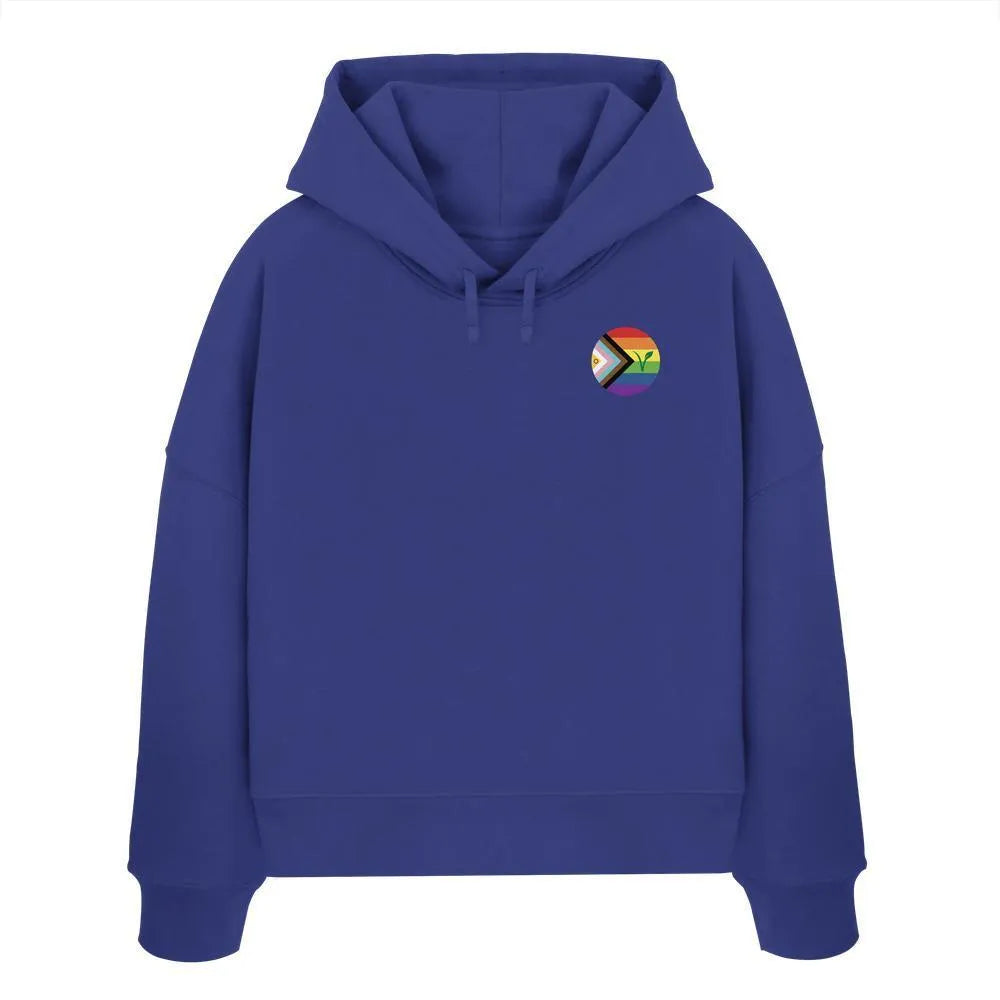 Kurzer Hoodie in Worker Blue mit Kapuze, Kordeln und kleinem Regenbogen-Abzeichen vorn