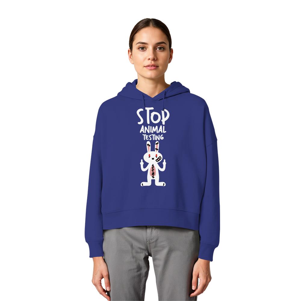 Crop-Hoodie in Blau mit Kapuze und Kaninchen-Print „Stop Animal Testing“