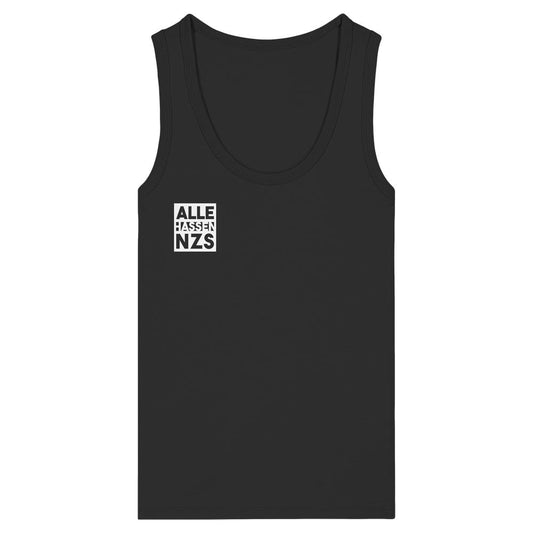Schwarzes Tanktop mit weißem Quadrat auf der Brust, darin der Text: ALLE HASSEN NZS in Blockbuchstaben. Enganliegende Passform aus 100% Bio-Baumwolle.