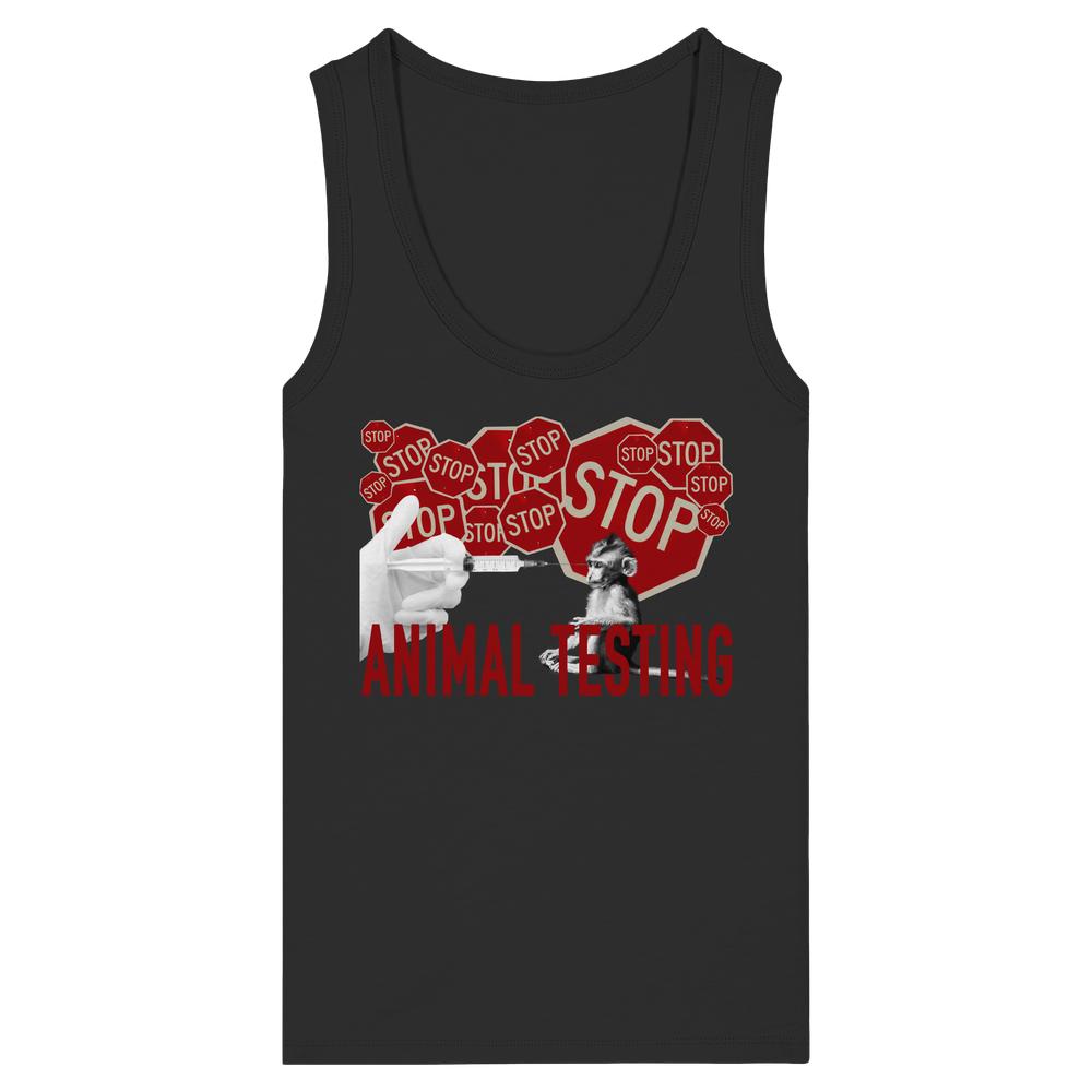 Vegan und Bio Ladies Tank Top: STOP ANIMAL TESTING! zeigt grafisches Design gegen Tierversuche mit Spritze und Affe, aus 100% Bio-Baumwolle, ideal für rebellische Tierfreunde.