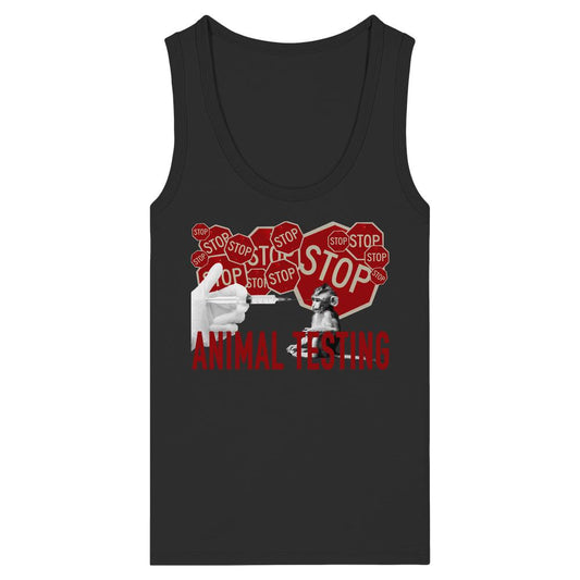 Vegan und Bio Ladies Tank Top: STOP ANIMAL TESTING! zeigt grafisches Design gegen Tierversuche mit Spritze und Affe, aus 100% Bio-Baumwolle, ideal für rebellische Tierfreunde.