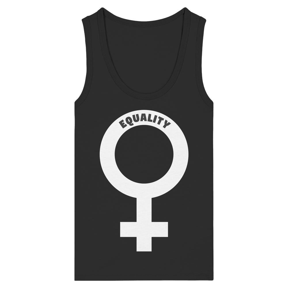 Schwarzes ärmelloses Tanktop mit weißem Venuszeichen und EQUALITY Schriftzug, aus 100% Bio-Baumwolle. Veganes, feministisches Design von RUDE REBEL.