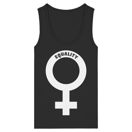 Schwarzes ärmelloses Tanktop mit weißem Venuszeichen und EQUALITY Schriftzug, aus 100% Bio-Baumwolle. Veganes, feministisches Design von RUDE REBEL.