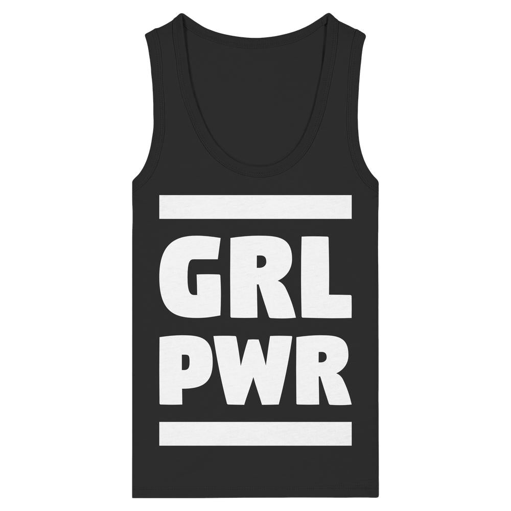 Schwarzes Tanktop mit GRL PWR-Aufdruck, feministische Botschaft, 100% Bio-Baumwolle, eng anliegend, von RUDE REBEL, nachhaltige Mode mit rebellischem Design.