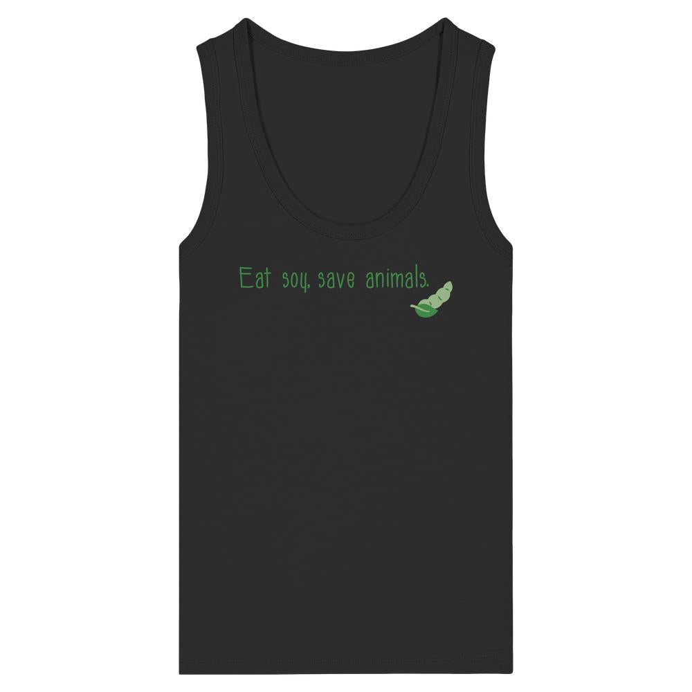 Schwarzes, ärmelloses Tanktop mit grünem Slogan „Eat soy, save animals.“ und Erbsenschoten-Grafik, aus 100% Bio-Baumwolle, betont vegane und nachhaltige Mode von RUDE REBEL.
