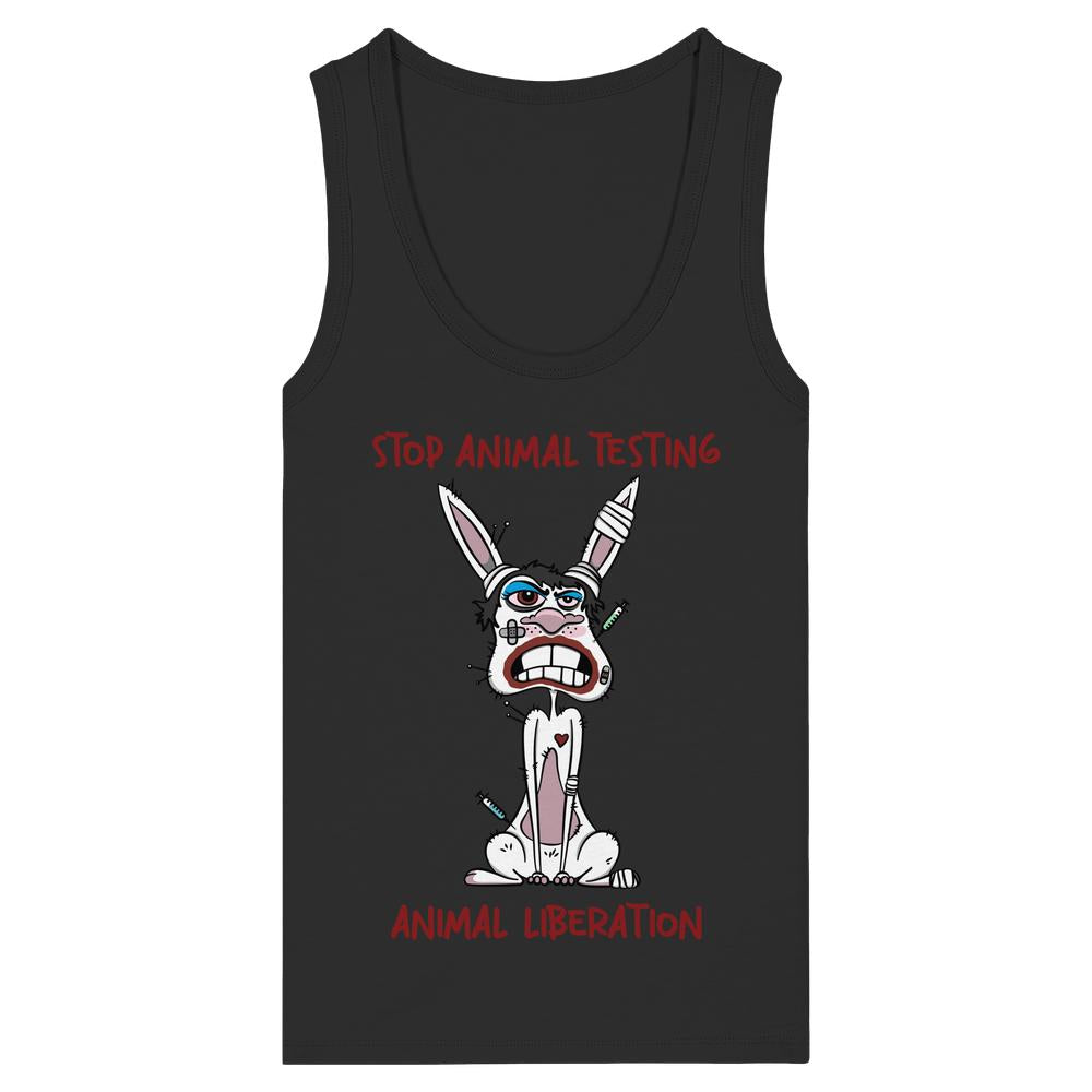 Schwarzes Tanktop mit Cartoon-Kaninchen und Aufschrift STOP ANIMAL TESTING sowie ANIMAL LIBERATION, aus 100% Bio-Baumwolle, von RUDE REBEL.