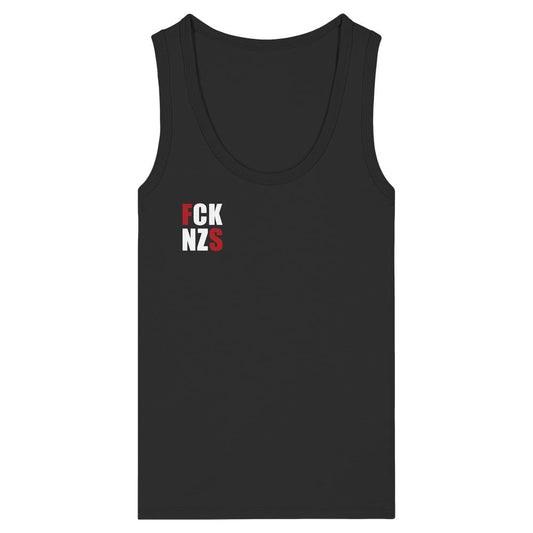 Ärmelloses, schwarzes Tanktop mit Slogan FCK NZS, betont mit roten Buchstaben. Hergestellt aus 100% Bio-Baumwolle, enge Passform, vegan und nachhaltig.