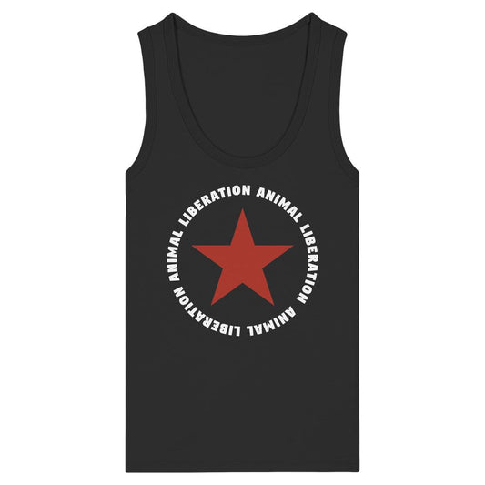 Vegan und Bio Ladies Tank Top: Red Star und Animal Liberation Grafik, ärmelloses schwarzes Design aus 100% Bio-Baumwolle mit wichtiger Tierrechtsbotschaft.