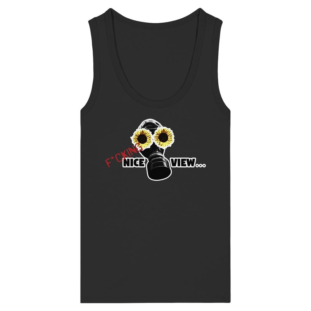 Vegan und Bio Ladies Tank Top: Sunflower Mask - F*cking nice view... zeigt eine Gasmaske mit Sonnenblumen, schwarzes ärmelloses Design aus 100% Bio-Baumwolle.