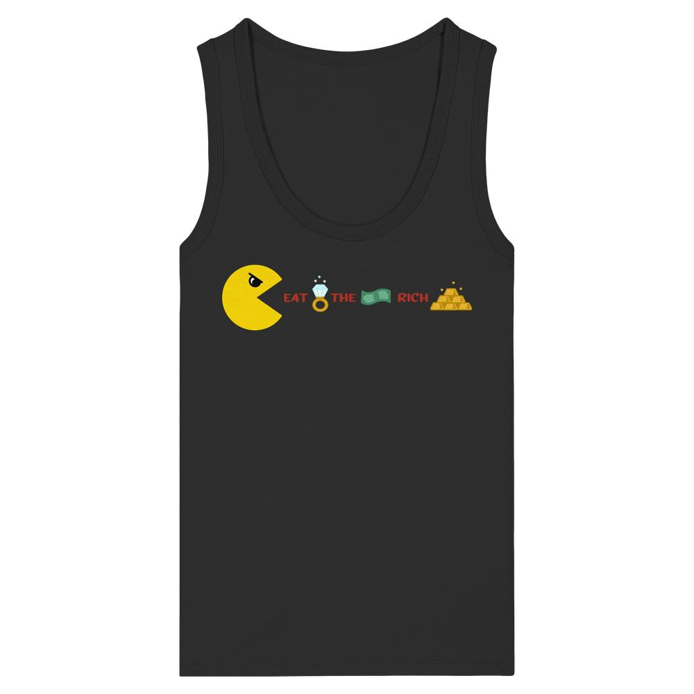 Vegan und Bio Ladies Tank Top mit Eat the Rich-Grafik im Pac-Man-Stil, zeigt Symbole wie Diamantring, Geldstapel und Goldbarren.