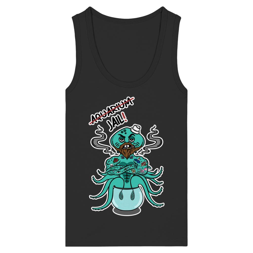 Vegan und Bio Ladies Tank Top: Cartoon-Oktopus mit menschlichen Armen und Tattoos, protestiert gegen Aquarien; symbolisiert Tierrechte. 100% Bio-Baumwolle, eng anliegend, RUDE REBEL Design.