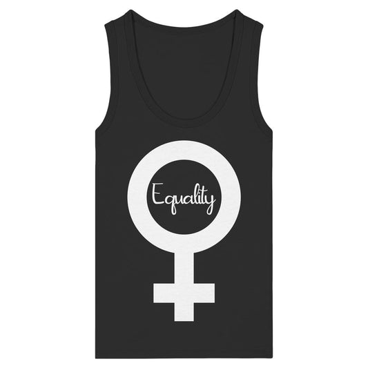 Schwarzes Tank-Top mit weißem Venus-Symbol und Equality in Kursivschrift, verkörpert Feminismus und Gleichberechtigung, aus 100% Bio-Baumwolle.
