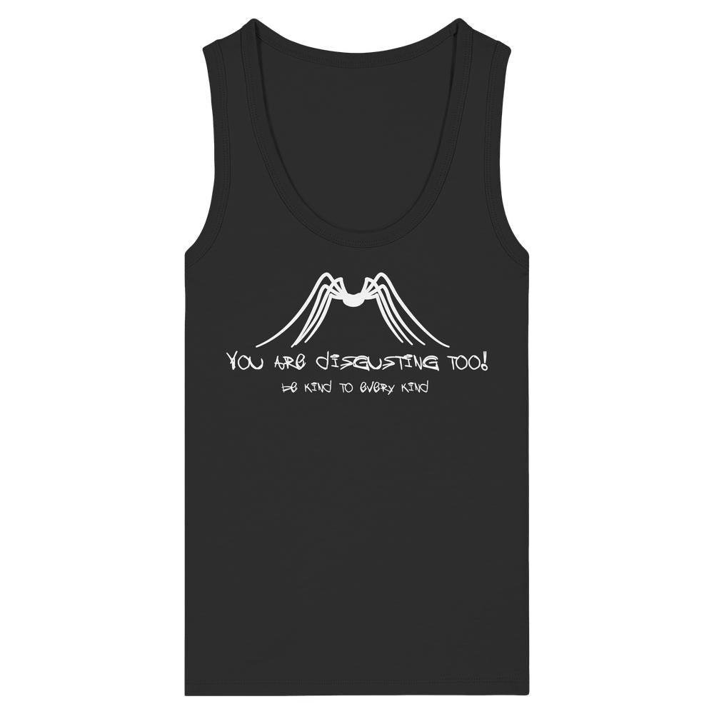 Ärmelloses Tank-Top mit stilisiertem Spinnengrafik und Slogan „Be kind to every kind“, aus 100% Bio-Baumwolle. Veganes, nachhaltiges Design von RUDE REBEL.