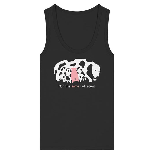 Schwarzes Tank-Top Vegan und Bio Ladies Tank Top: Animal equality mit Hund-und-Ferkel-Grafik und dem Slogan „Not the same but equal“, aus 100% Bio-Baumwolle.