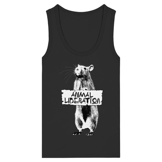 Vegan und Bio Ladies Tank Top mit Rattenmotiv, zeigt ANIMAL LIBERATION auf Protestschild, inspiriert von Banksy. Hergestellt aus 100% Bio-Baumwolle, eng anliegend.