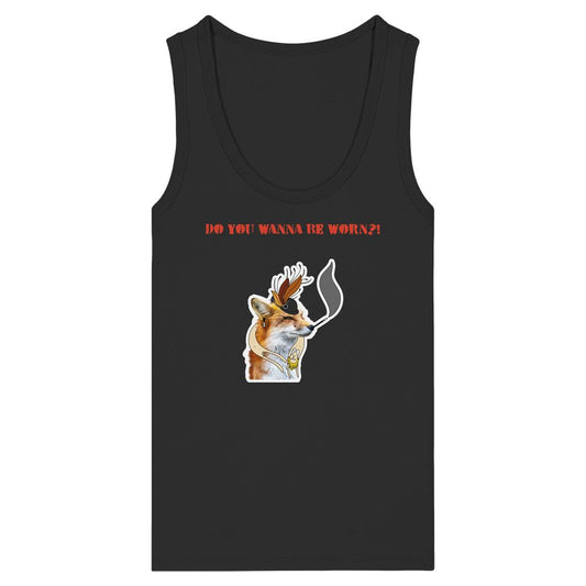 Vegan und Bio Ladies Tank Top: Mrs. Fox demonstriert gegen Pelz! Schwarzes Tank-Top mit stilisiertem Fuchs, Eyepatch, Pfeife und dem Slogan DO YOU WANNA BE WORN?!.