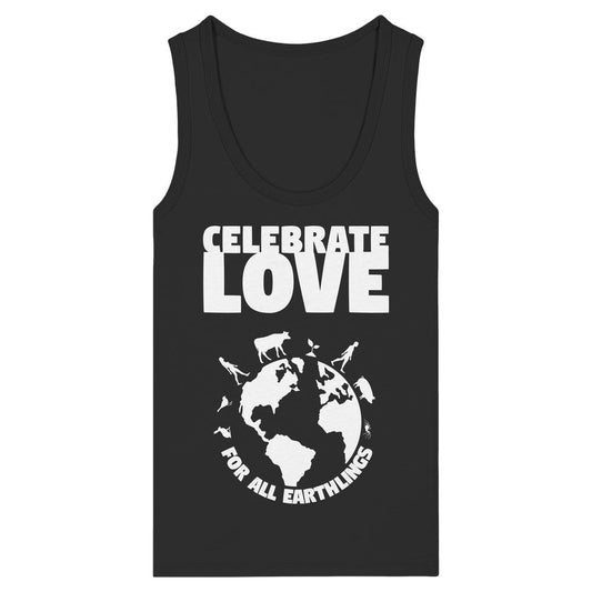 Vegan und Bio Ladies Tank Top: Celebrate Love For All Earthlings mit weißem Print, der Liebe und Gleichheit für alle Lebewesen symbolisiert. Enganliegend, aus 100% Bio-Baumwolle.