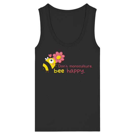 Vegan und Bio Ladies Tank Top: Save the bees, schwarzes Top mit Bienen- und Blumengrafik, Slogan „Don’t monoculture, bee happy,“ aus 100% Bio-Baumwolle, von RUDE REBEL.
