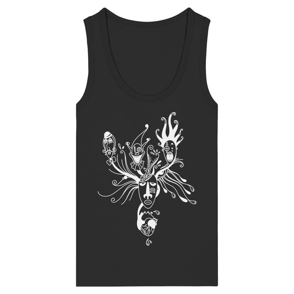 Vegan und Bio Ladies Tank Top: Mental Health - Behind the Mask, mit surrealem Gesichtsmotiv und organischen Formen, aus 100% Bio-Baumwolle, eng anliegend und ärmellos.