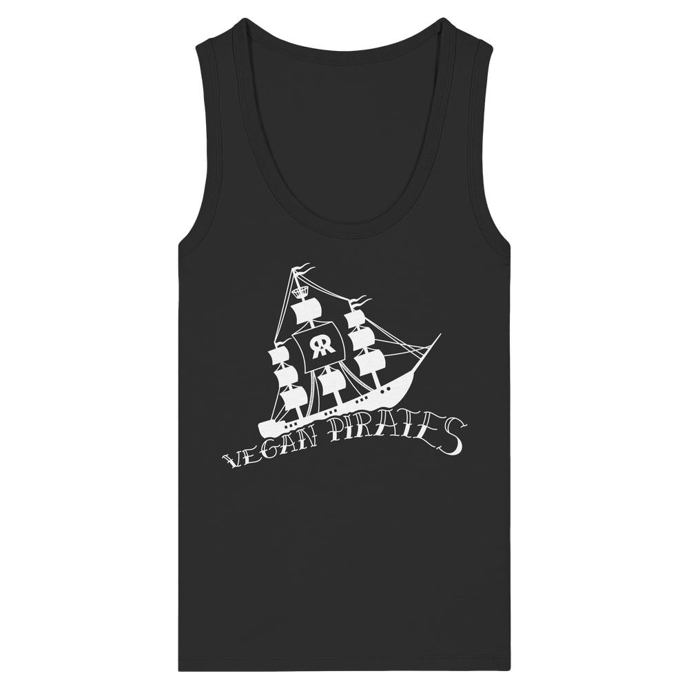 Vegan und Bio Ladies Tank Top: Vegan Pirates, schwarzes Muskelshirt aus 100% Bio-Baumwolle, zeigt ein Segelschiff mit Totenkopf und Schriftzug „VEGAN PIRATES“.