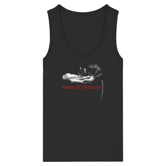 Vegan und Bio Ladies Tank Top: ANIMAL LIVES MATTER mit Hand- und Rattengrafik, betont Tierrechte. Hergestellt aus 100% Bio-Baumwolle, betont vegane, nachhaltige Mode von RUDE REBEL.