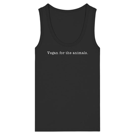 Ärmelloses schwarzes Tanktop mit zentralem weißen Schriftzug Vegan for the animals., aus 100% Bio-Baumwolle, eng anliegend, von RUDE REBEL.