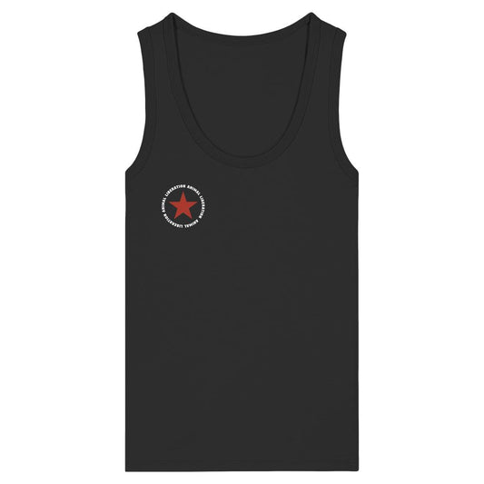 Vegan und Bio Ladies Tank Top: Red Star - Animal Liberation, schwarzes ärmelloses Oberteil mit rotem Stern-Logo und Botschaft für Tierrechte, aus 100% Bio-Baumwolle.