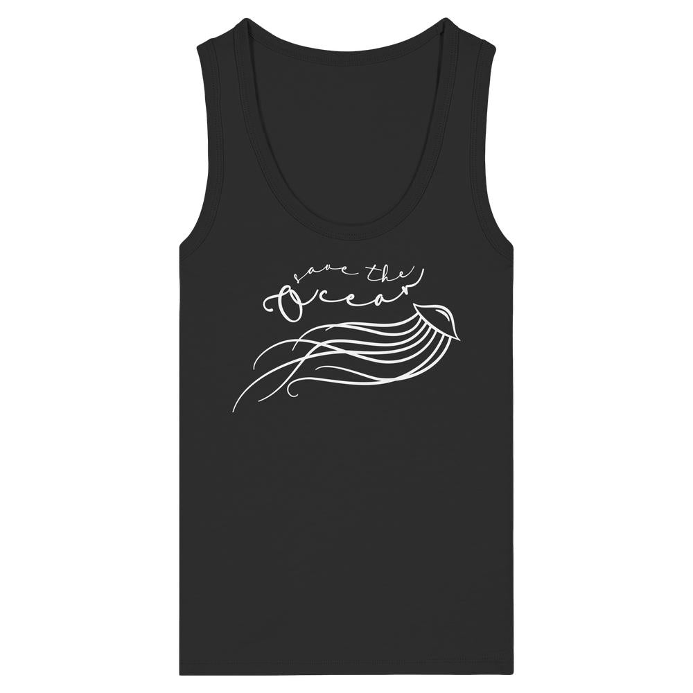 Ärmelloses schwarzes Tanktop aus Bio-Baumwolle mit filigranem Quallengrafik und Schriftzug Save the Ocean. Enganliegende Passform, nachhaltiges Design von RUDE REBEL.