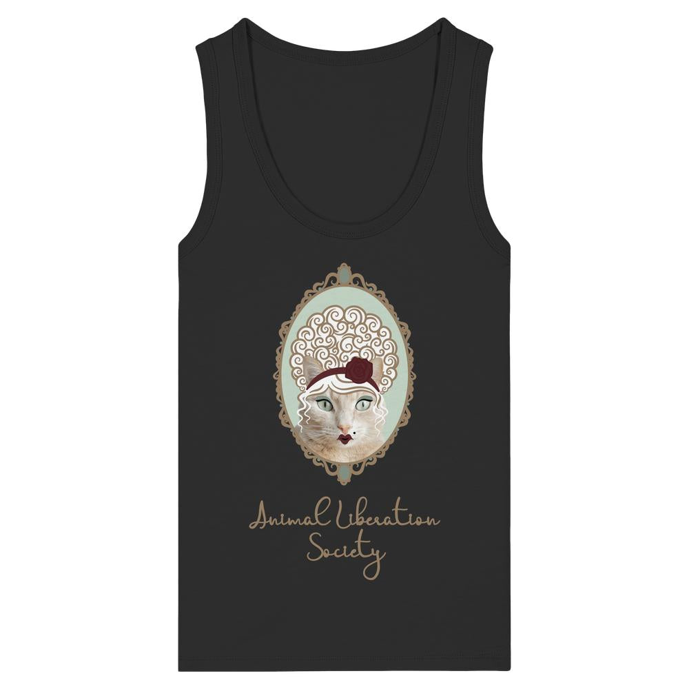 Vegan und Bio Ladies Tank Top: Miss Cat - Animal Liberation Society, zeigt eine stilisierte Katzenillustration mit Perücke und Rose, darunter „Animal Liberation Society“ in geschwungener Schrift.