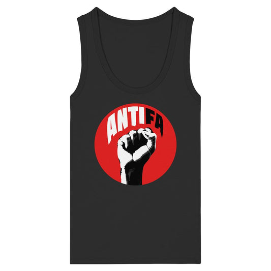 Vegan und Bio Ladies Tank Top: Antifa - Kampf gegen Rechts, schwarzes ärmelloses Top mit rotem Kreis und stilisierter erhobener Faust, „ANTIFA“ Schriftzug zentral platziert.