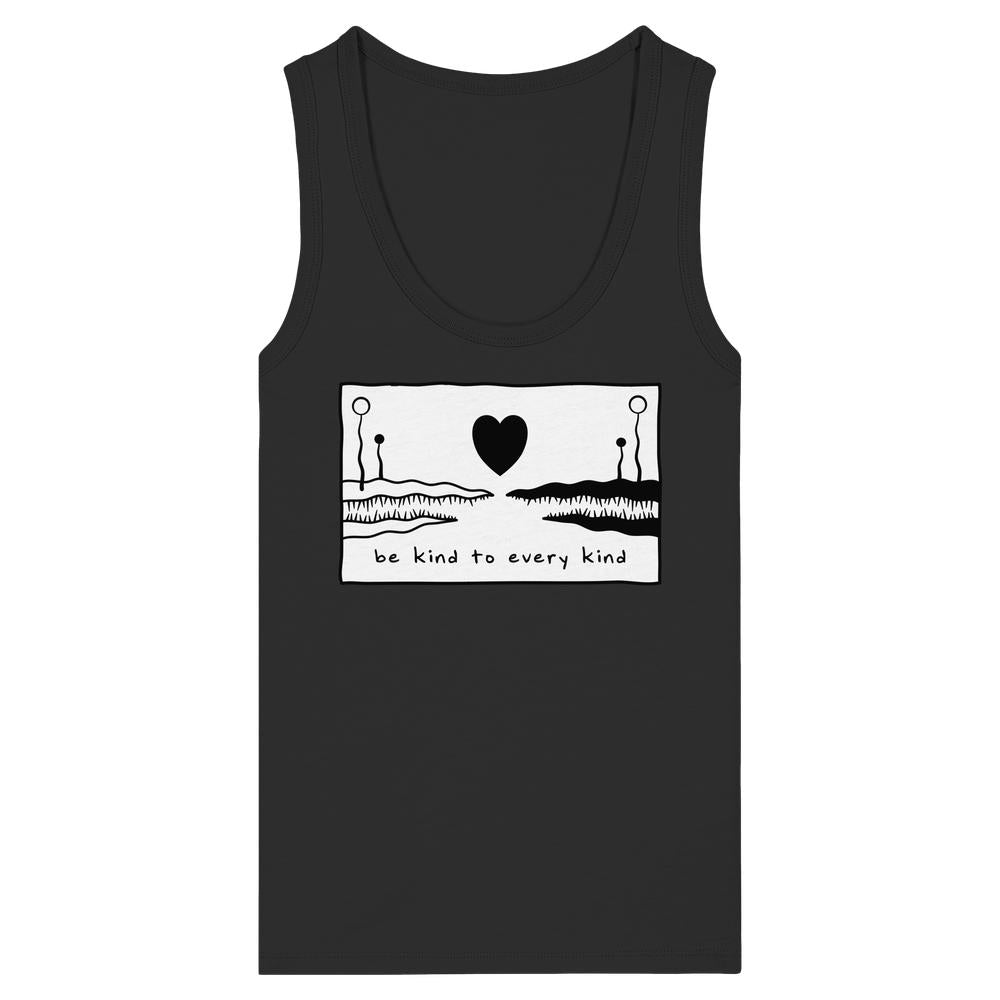 Ärmelloses Tanktop aus Bio-Baumwolle mit weißem Grafikdesign, stilisiertem Herz und Slogan „be kind to every kind“, betont Frieden und Tierrechte.