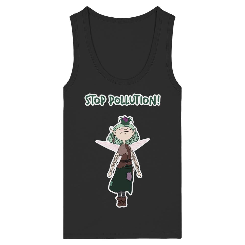 Vegan und Bio Ladies Tank Top: STOP POLLUTION! - Krawall Fee mit Cartoon-Fee, grüner Schrift, und umweltfreundlicher Botschaft auf schwarzem, eng anliegendem, ärmellosem Shirt aus Bio-Baumwolle.