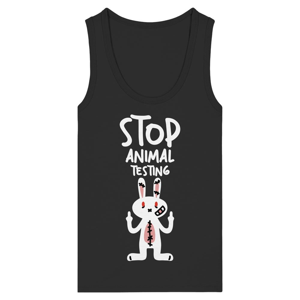 Damen-Top ohne Ärmel, schwarz, U-Ausschnitt, Aufdruck „Stop Animal Testing“ mit Häschen