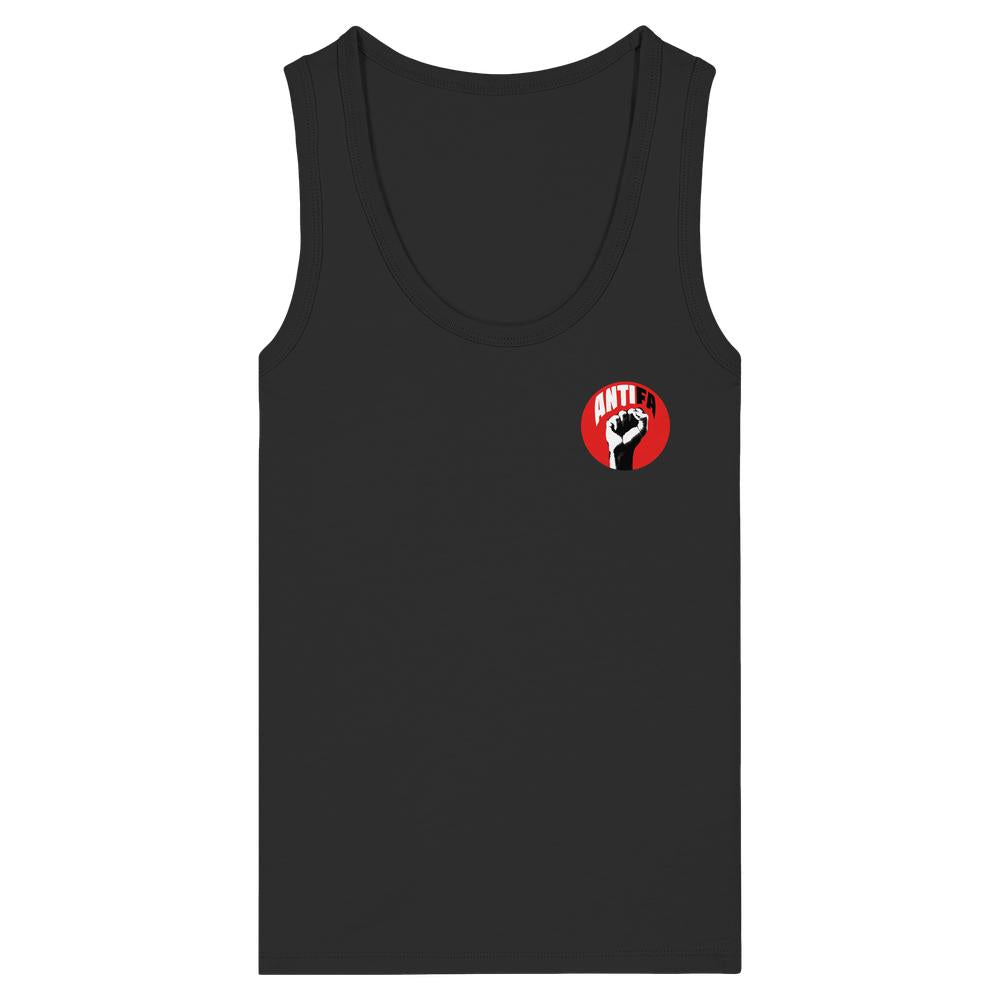 Damen-Tanktop in Schwarz mit Rundhalsausschnitt und kleinem ANTIFA-Logo vorne