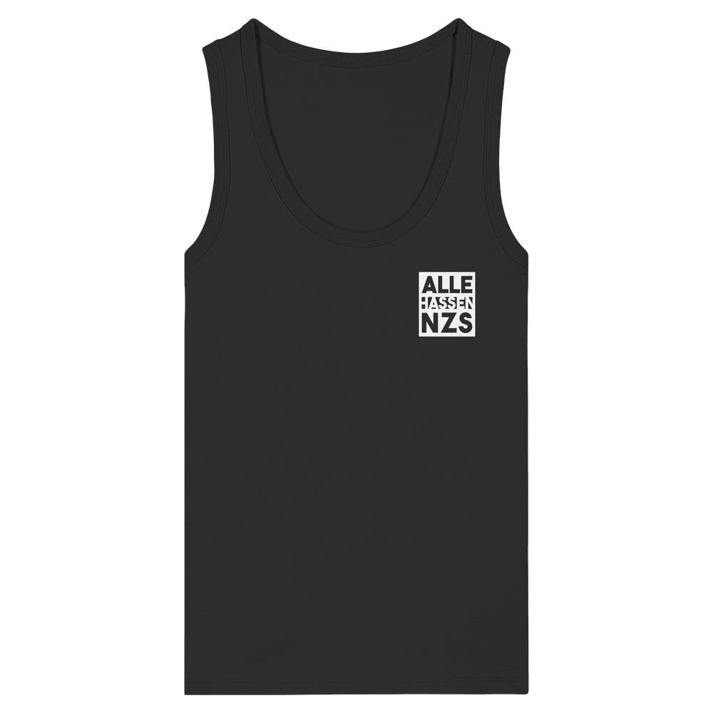 Bio-Damen-Trägershirt schwarz, Rundhals, Frontprint „ALLE HASSEN NZS“