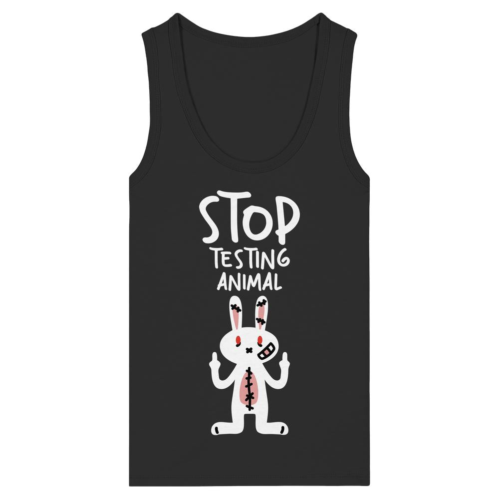 Schwarzes Tank-Top Vegan und Bio Ladies Tank-Top: Angry Rabbit - Animal Rights mit wütendem Cartoon-Hasen und dem Text „STOP TESTING ANIMAL.“ aus 100% Bio-Baumwolle.