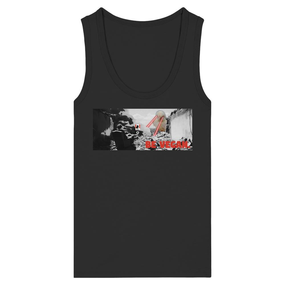 Schwarzes Tank-Top mit postapokalyptischem Stadtmotiv und riesigem Huhn. Rote Laserschrift BE VEGAN. 100% Bio-Baumwolle, eng anliegend. Vegan und Bio Ladies Tank-Top BE VEGAN.