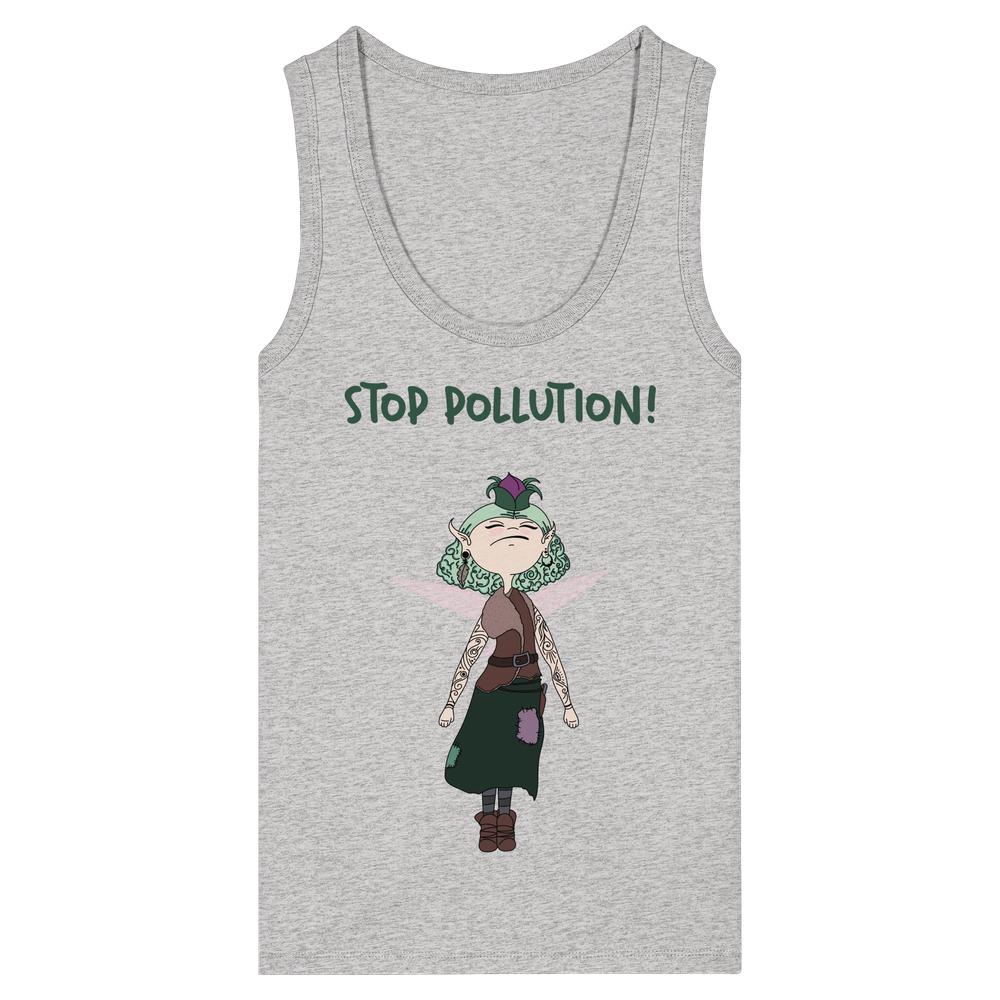 Veganes Bio-Damen-Tanktop mit STOP POLLUTION!-Slogan und Cartoon-Fee, die den Umweltschutz symbolisiert, aus 100% Bio-Baumwolle, von RUDE REBEL.