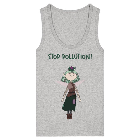 Veganes Bio-Damen-Tanktop mit STOP POLLUTION!-Slogan und Cartoon-Fee, die den Umweltschutz symbolisiert, aus 100% Bio-Baumwolle, von RUDE REBEL.