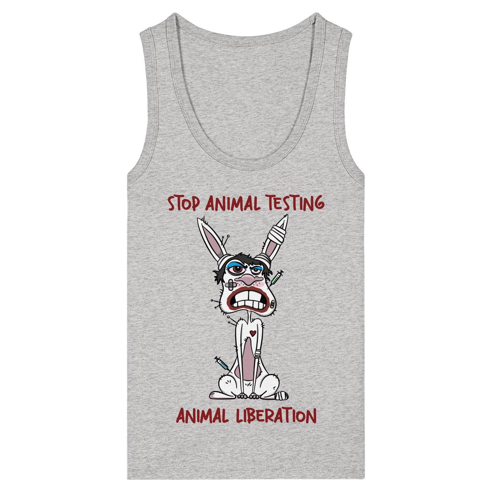 Vegan und Bio Ladies Tank Top mit gezeichnetem Kaninchenmotiv, das in einem Laborposen sitzt, mit STOP ANIMAL TESTING und ANIMAL LIBERATION Botschaft, aus 100% Bio-Baumwolle.