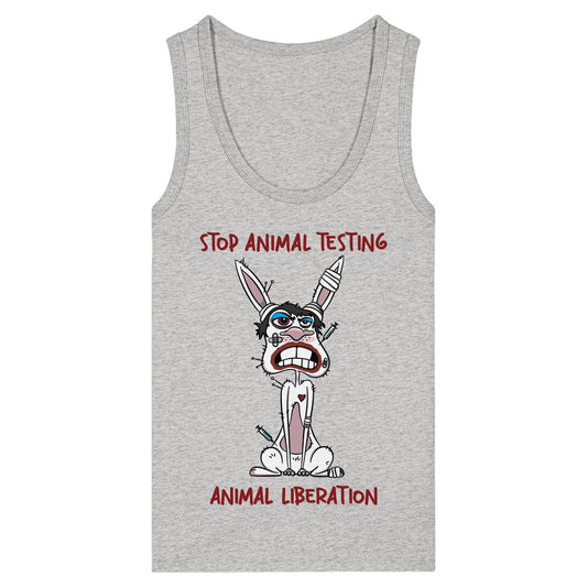 Vegan und Bio Ladies Tank Top mit gezeichnetem Kaninchenmotiv, das in einem Laborposen sitzt, mit STOP ANIMAL TESTING und ANIMAL LIBERATION Botschaft, aus 100% Bio-Baumwolle.