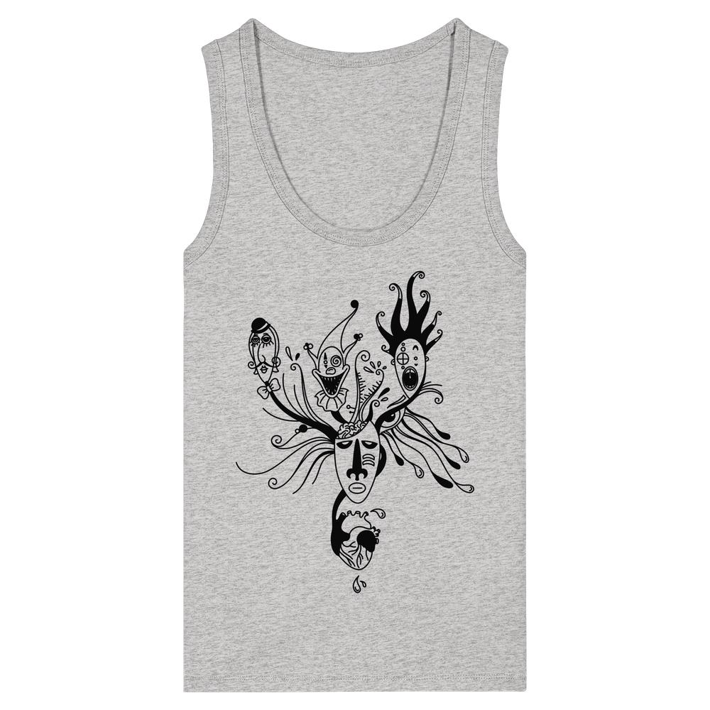 Vegan und Bio Ladies Tank Top: Mental Health - Behind the Mask mit surrealem Gesichtsgrafik und organischen Formen, aus 100% Bio-Baumwolle, ärmellos, von RUDE REBEL.