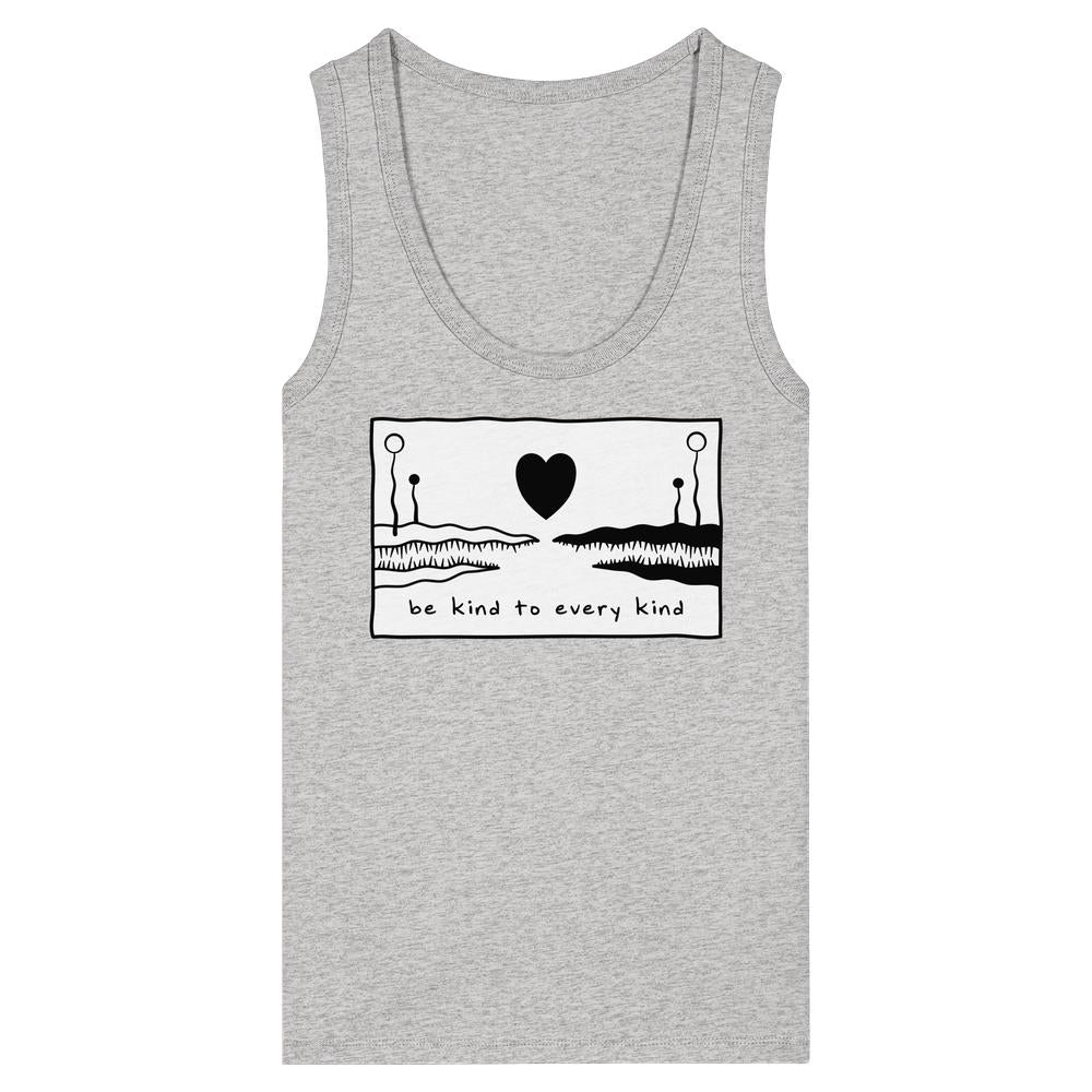 Ärmelloses Tanktop mit Grafik: Herz, Zähne, Stängel; Slogan be kind to every kind. Hergestellt aus 100% Bio-Baumwolle. Veganes, nachhaltiges Design von RUDE REBEL.