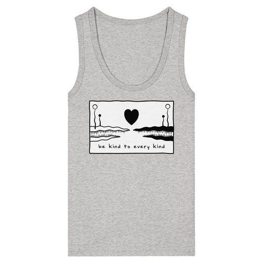 Ärmelloses Tanktop mit Grafik: Herz, Zähne, Stängel; Slogan be kind to every kind. Hergestellt aus 100% Bio-Baumwolle. Veganes, nachhaltiges Design von RUDE REBEL.