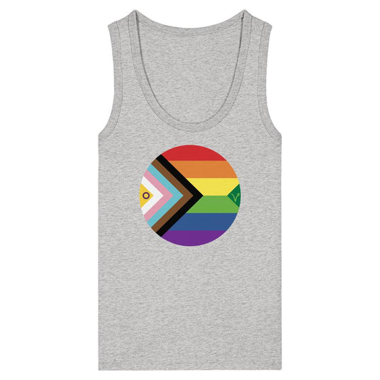 Vegan und Bio Ladies Tank Top: LGBTQAI+ Veganismus, zeigt Progress Pride Flagge mit Veganismus-Icon auf heather-grauem, enganliegendem Schnitt aus 100% Bio-Baumwolle, von RUDE REBEL.