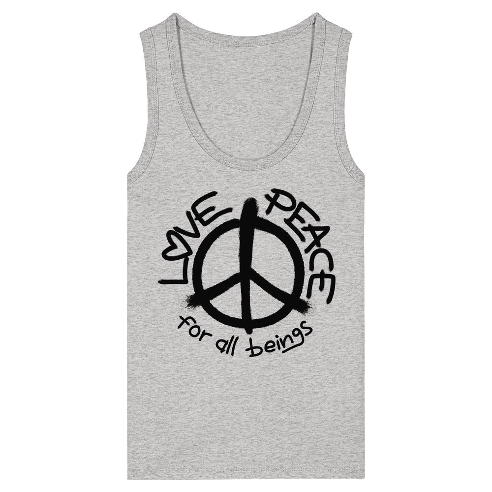 Vegan und Bio Ladies Tank Top: LOVE and PEACE for all beings, ärmelloses Design mit Friedenssymbol und Schriftzug “LOVE” und “PEACE” aus 100% Bio-Baumwolle.