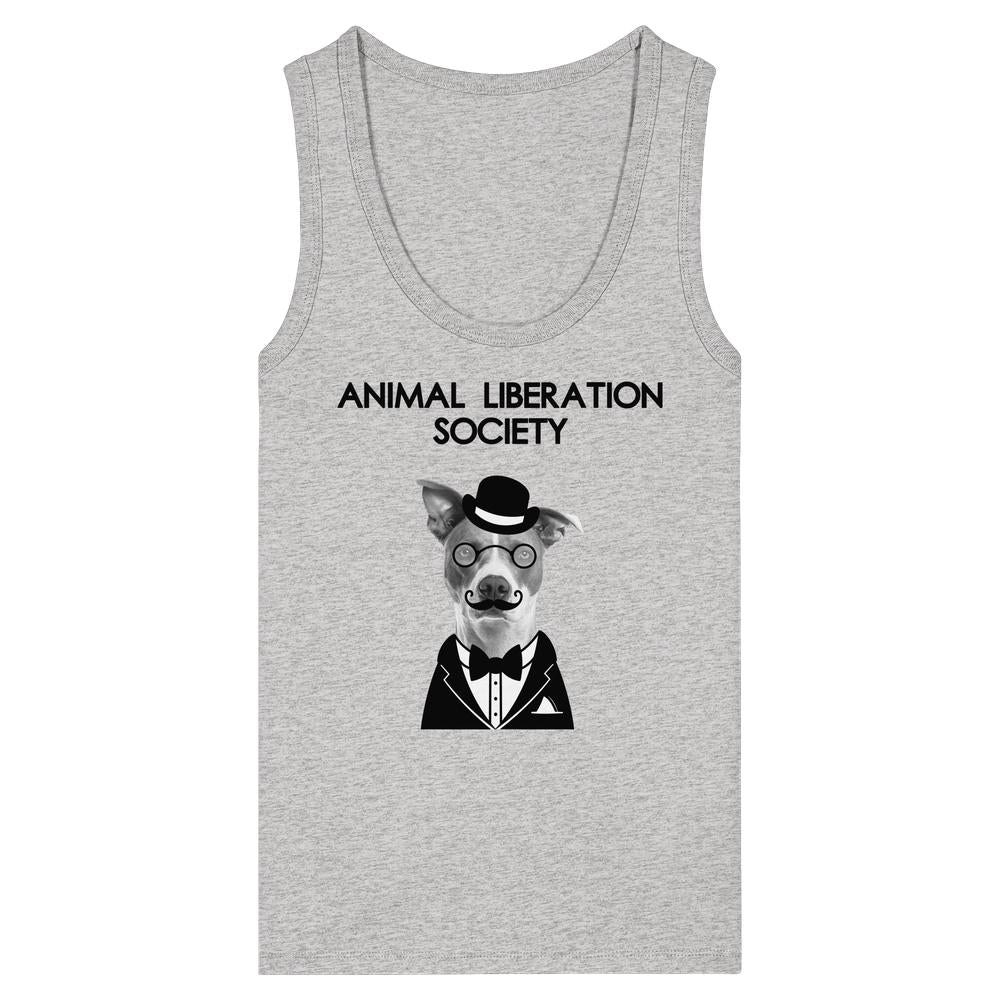 Vegan und Bio Ladies Tank Top: Mr. Dog - Animal Liberation Society mit illustriertem Hund im Frack, 100% Bio-Baumwolle, eng anliegend, ärmellos, von RUDE REBEL.